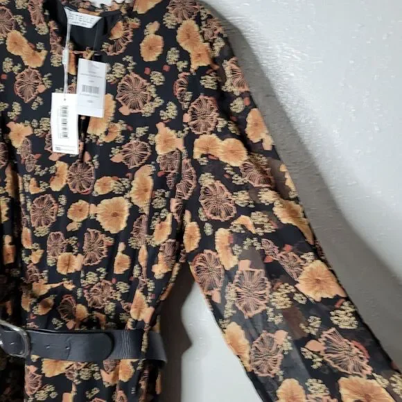 NWT Estelle Womens 1X Golden Blooms Shift Dress Floral Long Sleeve Belted Black - Picture 5 of 12